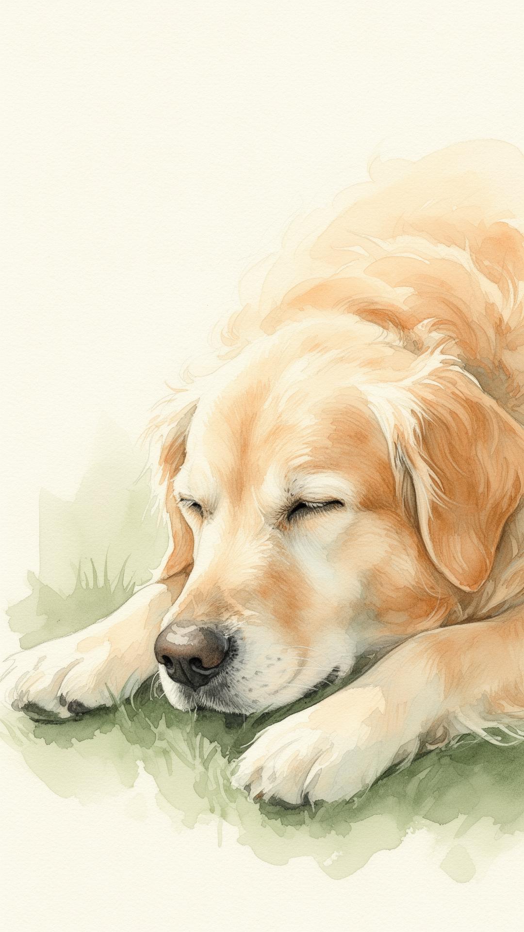 A soft watercolor painting of a gentle dog resting peacefully.