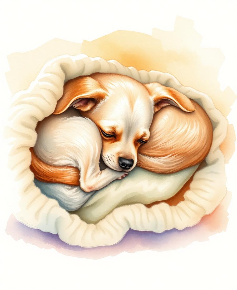 A soft watercolor of a small dog curled up on a folded blanket in golden light.
