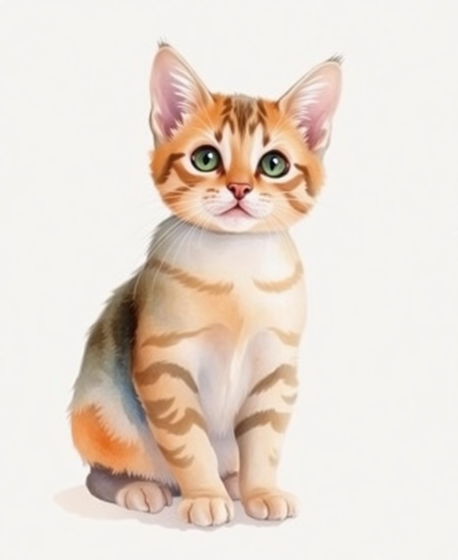 A soft watercolor portrait of a curious young tabby cat.